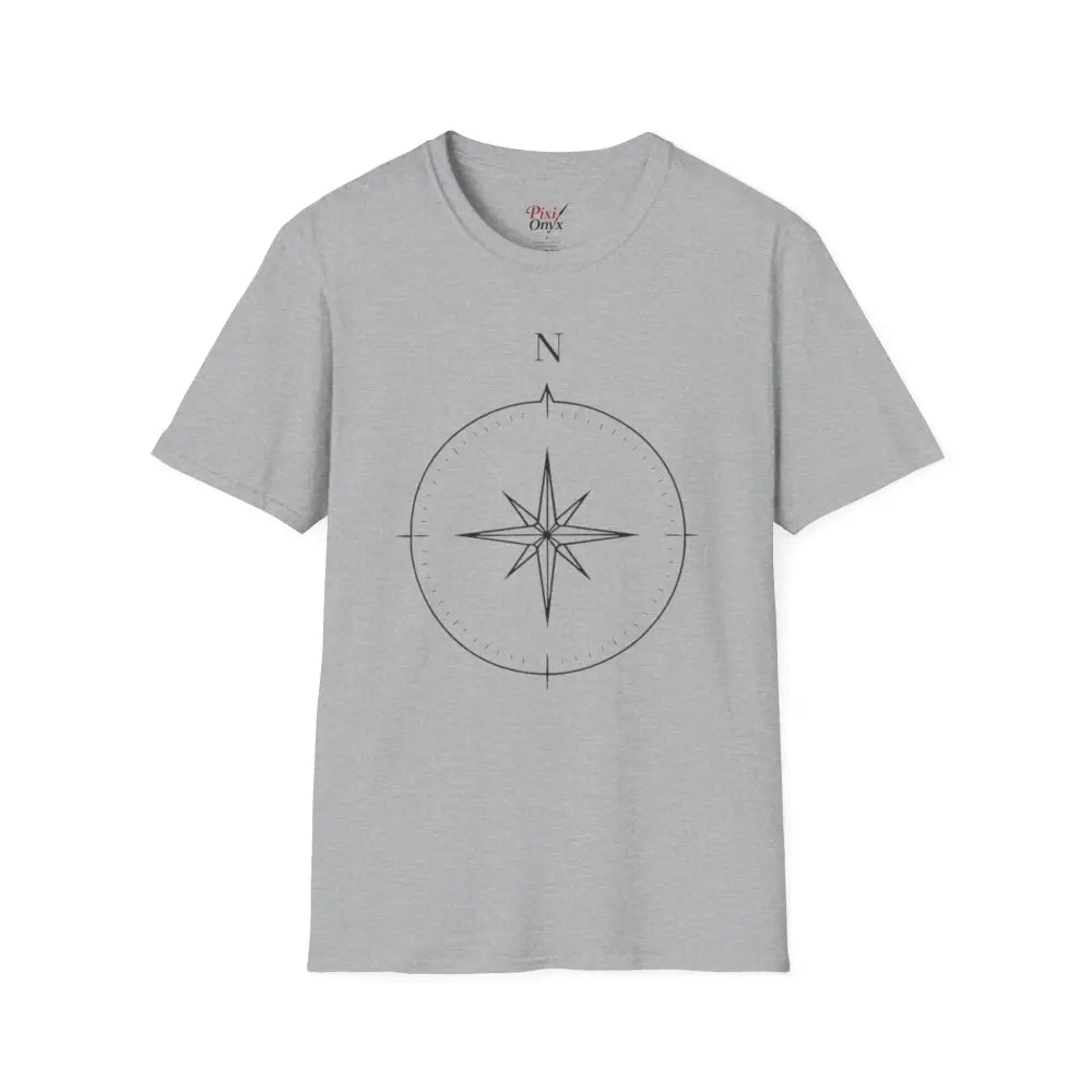 Light grey short-sleeved crew-neck T-shirt with compass graphic made from ring-spun cotton for outdoor activities