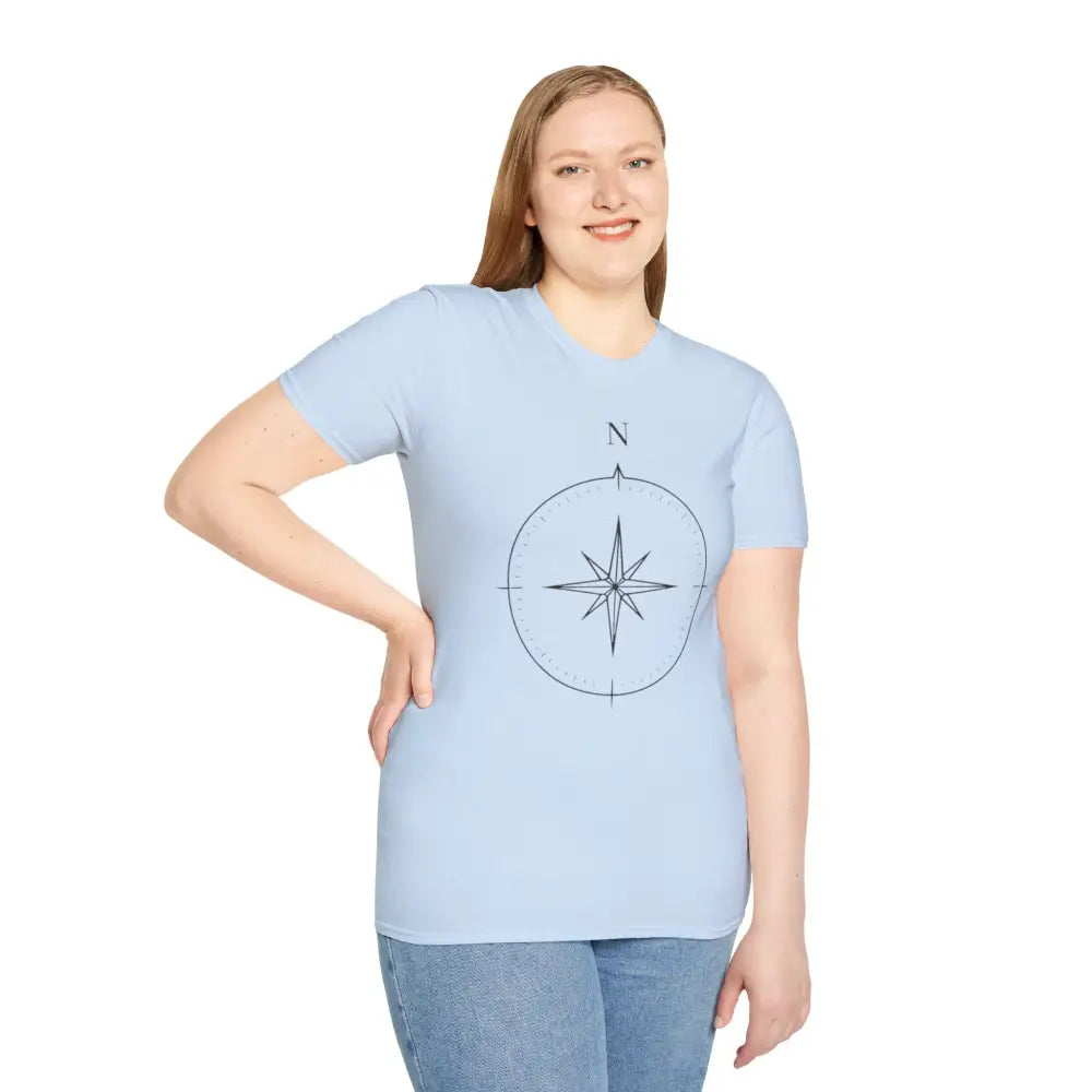 Light blue compass rose graphic T-shirt made from ring-spun cotton for outdoor activities