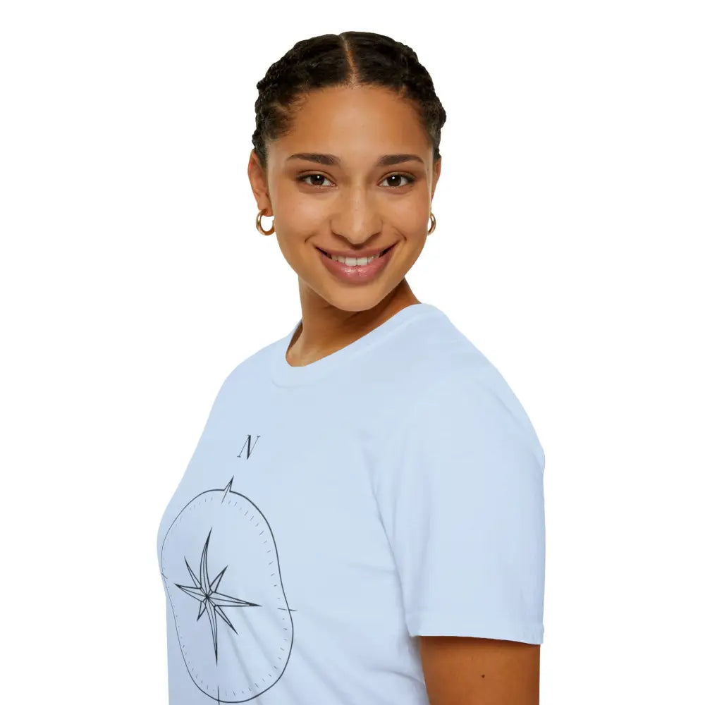 Smiling woman with braided hair wearing light blue compass graphic T-shirt made of ring-spun cotton for outdoor activities