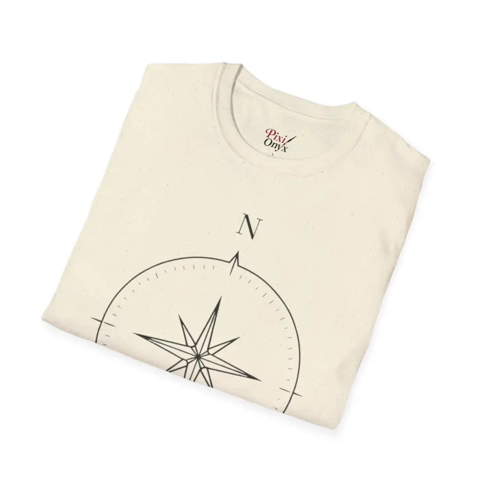 Folded cream-colored compass graphic unisex T-shirt made from ring-spun cotton for outdoor activities