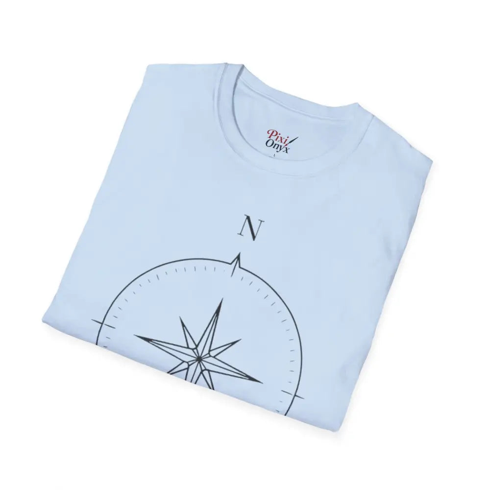 Light blue folded T-shirt with compass design made from ring-spun cotton for outdoor activities