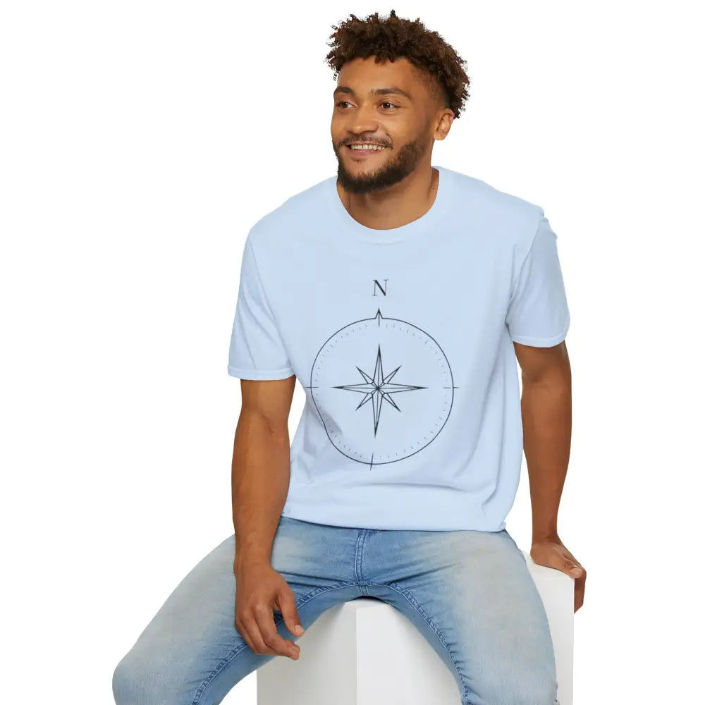 Light blue ring-spun cotton unisex T-shirt with black compass rose graphic for outdoor activities
