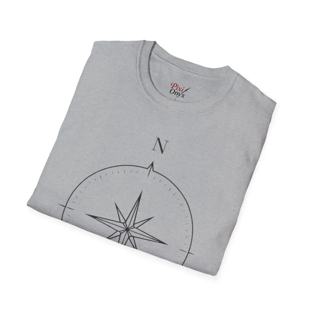 Light grey ring-spun cotton unisex t-shirt with black compass design for outdoor activities