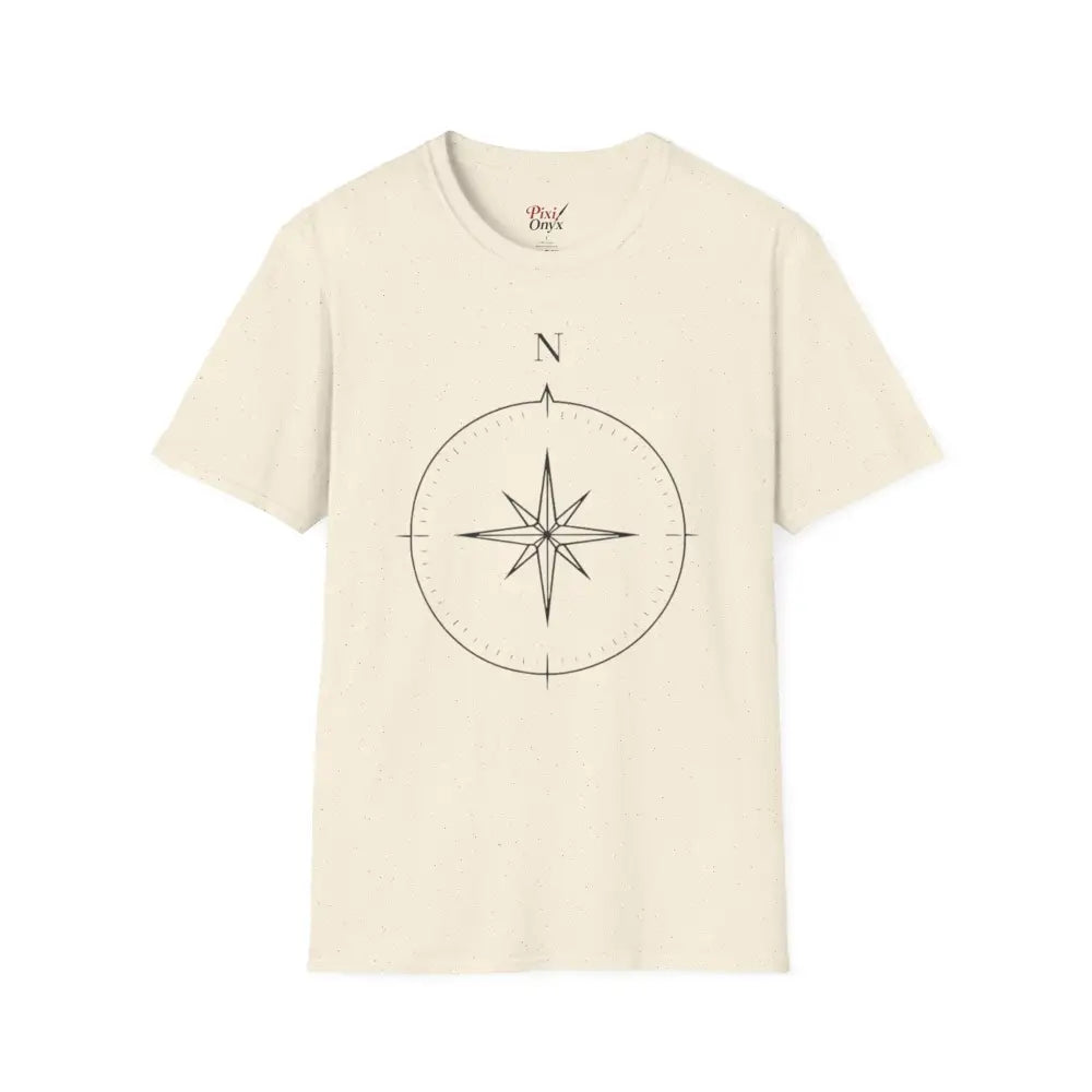 Cream-colored compass rose design T-shirt made from ring-spun cotton for outdoor activities