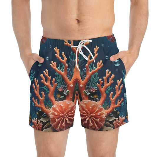 Coral reef swim trunks with psychedelic reef pattern for beach and festival wear
