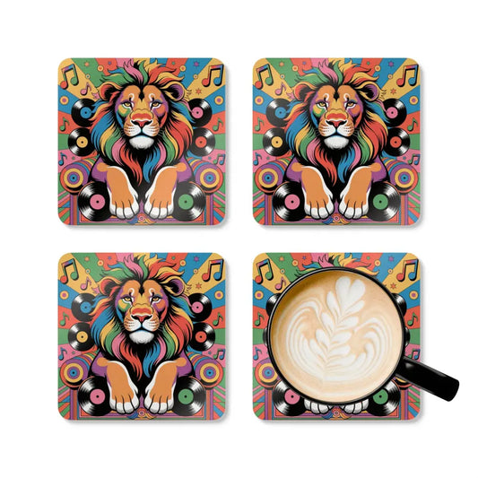 Colorful lion and music-themed cork coaster set with coffee cup design from PixiOnyx Funkadelic Barware