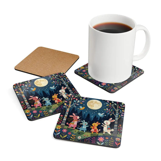Cork coaster set with whimsical bunny and moon designs and a white coffee mug