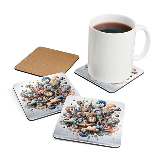 Colorful whimsical coasters with a mug from PixiOnyx Drinkware Art Cork Coaster Set Pastel Mechanica