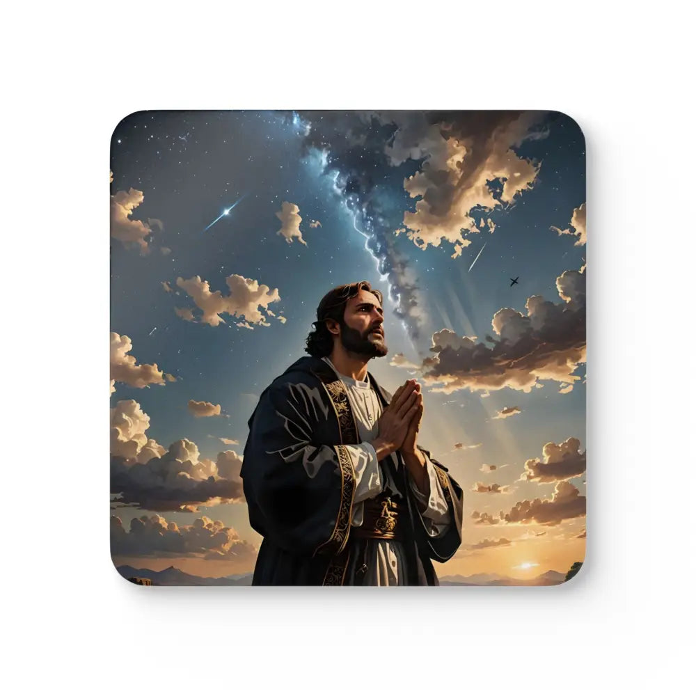 Square cork coaster featuring religious art from PixiOnyx Divine Reflection Series