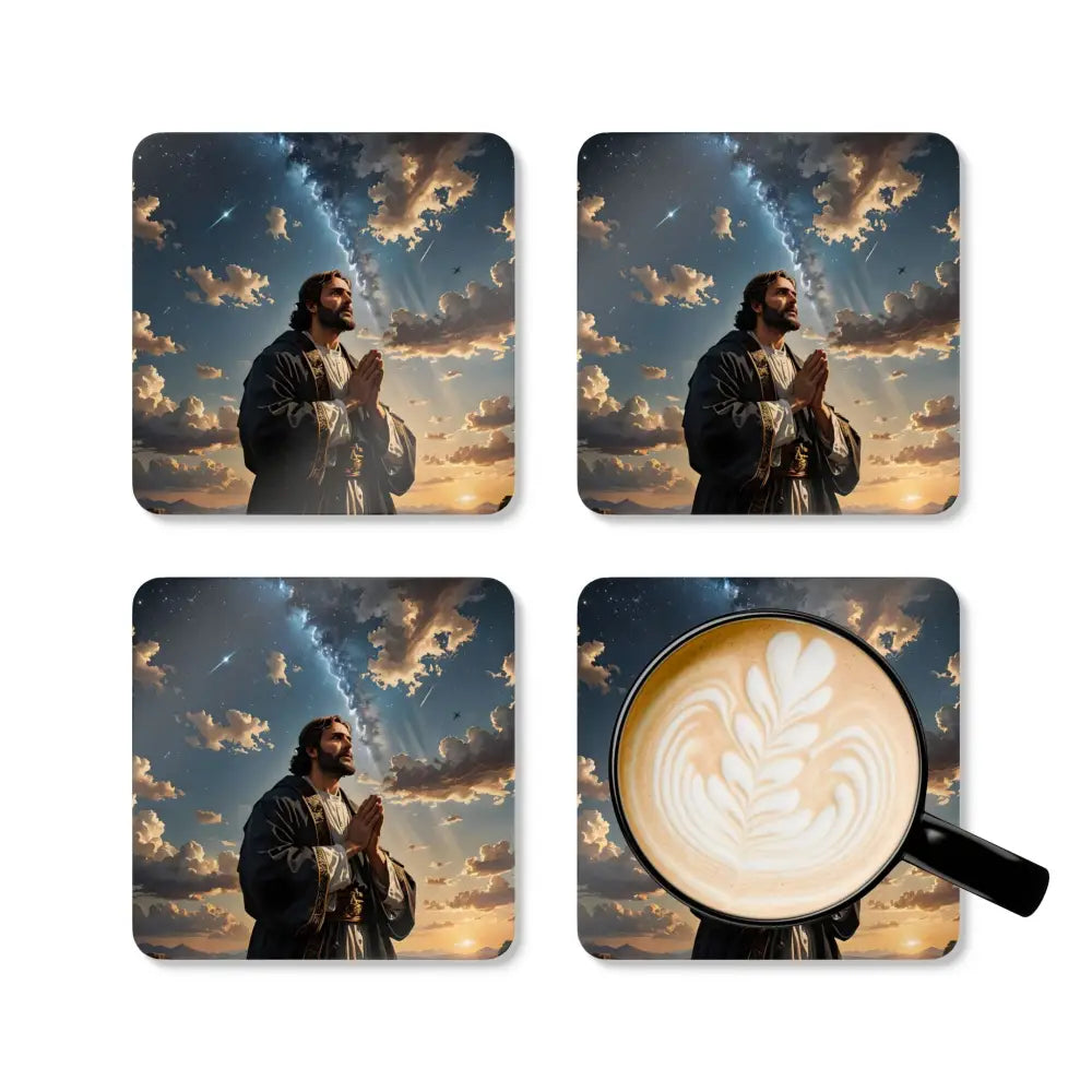 Four religious-themed cork coasters with latte art design from PixiOnyx Divine Reflection Series