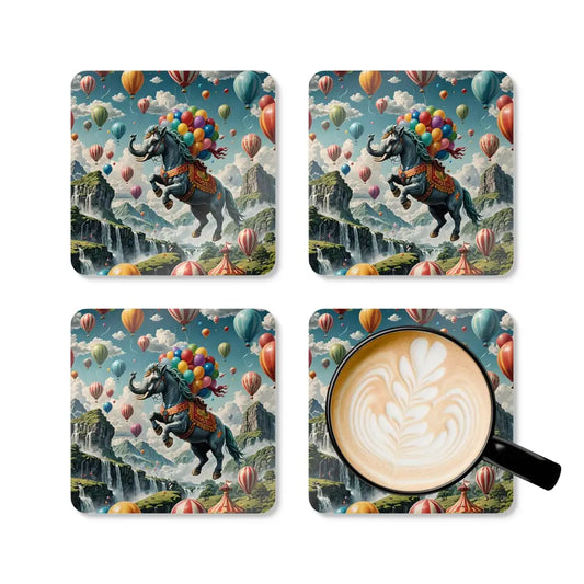 Whimsical cork coaster set from PixiOnyx Skybound Majesty Fantasy Absurdist Series