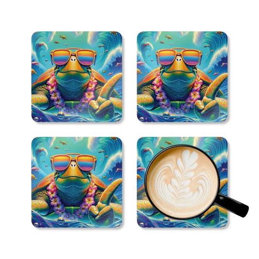 Vibed-out coaster set with turtle and ocean waves, channel beachy vibes for Chillwave Tableware