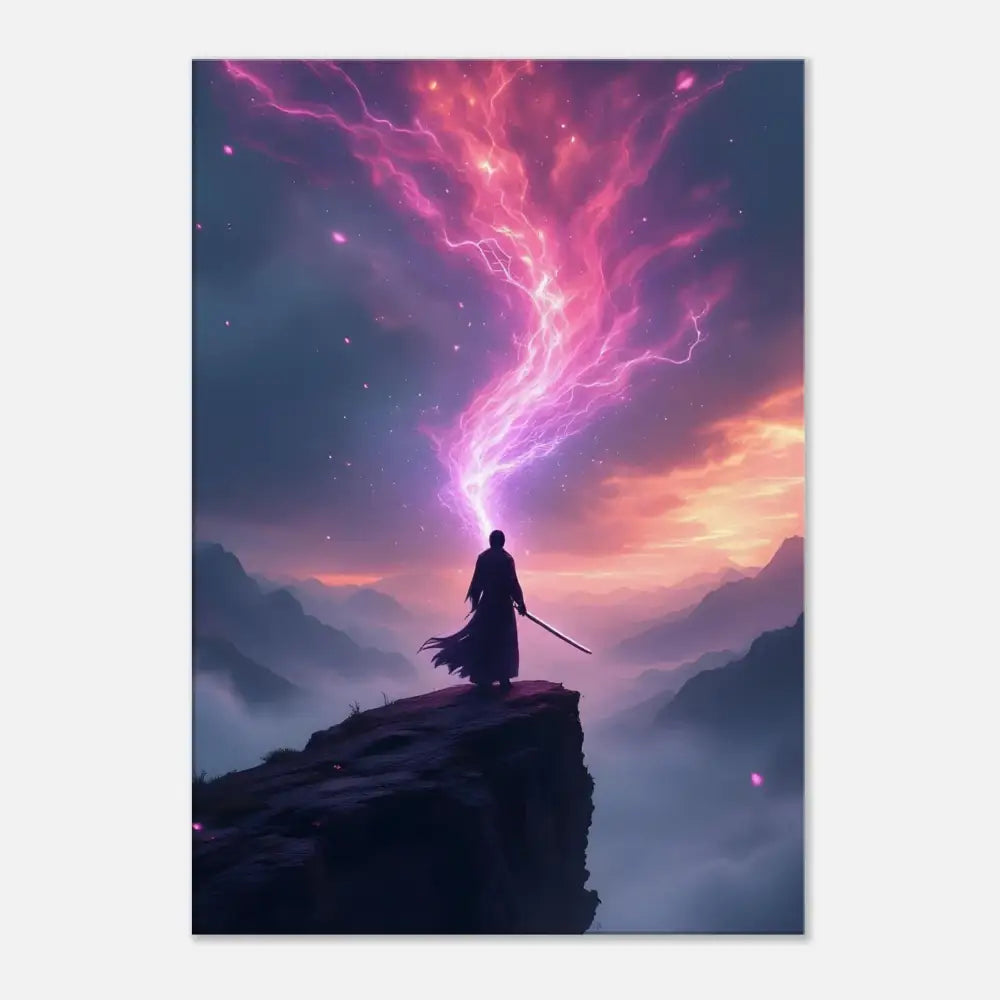 Mystical warrior silhouette with lightning on Cosmic Cliff Canvas from PixiOnyx Fantasy Wall Display