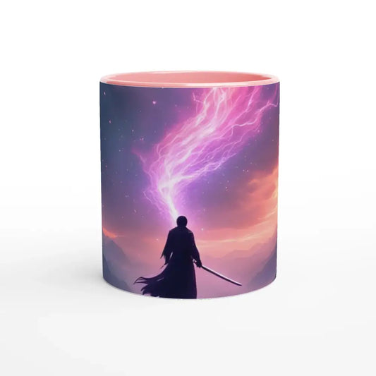 Pink-rimmed Cosmic Cliff Mug with fantasy warrior design in PixiOnyx 11oz ceramic sipper