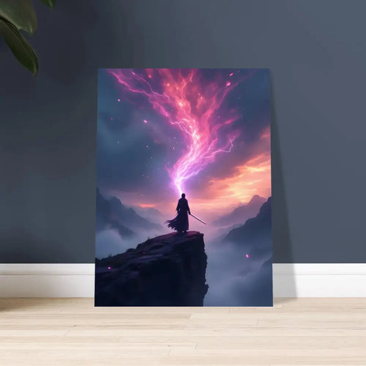 Fantasy warrior art print displayed on Cosmic Cliff Poster by PixiOnyx Fine Art