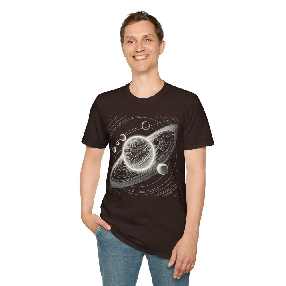 Man wearing a black unisex softstyle t-shirt with mesmerizing cosmic design and celestial graphic print