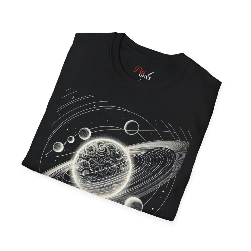 Black unisex softstyle t-shirt with mesmerizing cosmic design and celestial graphic