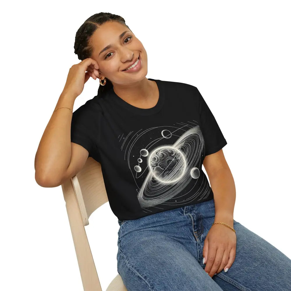 Smiling woman in a black unisex softstyle t-shirt with mesmerizing cosmic design