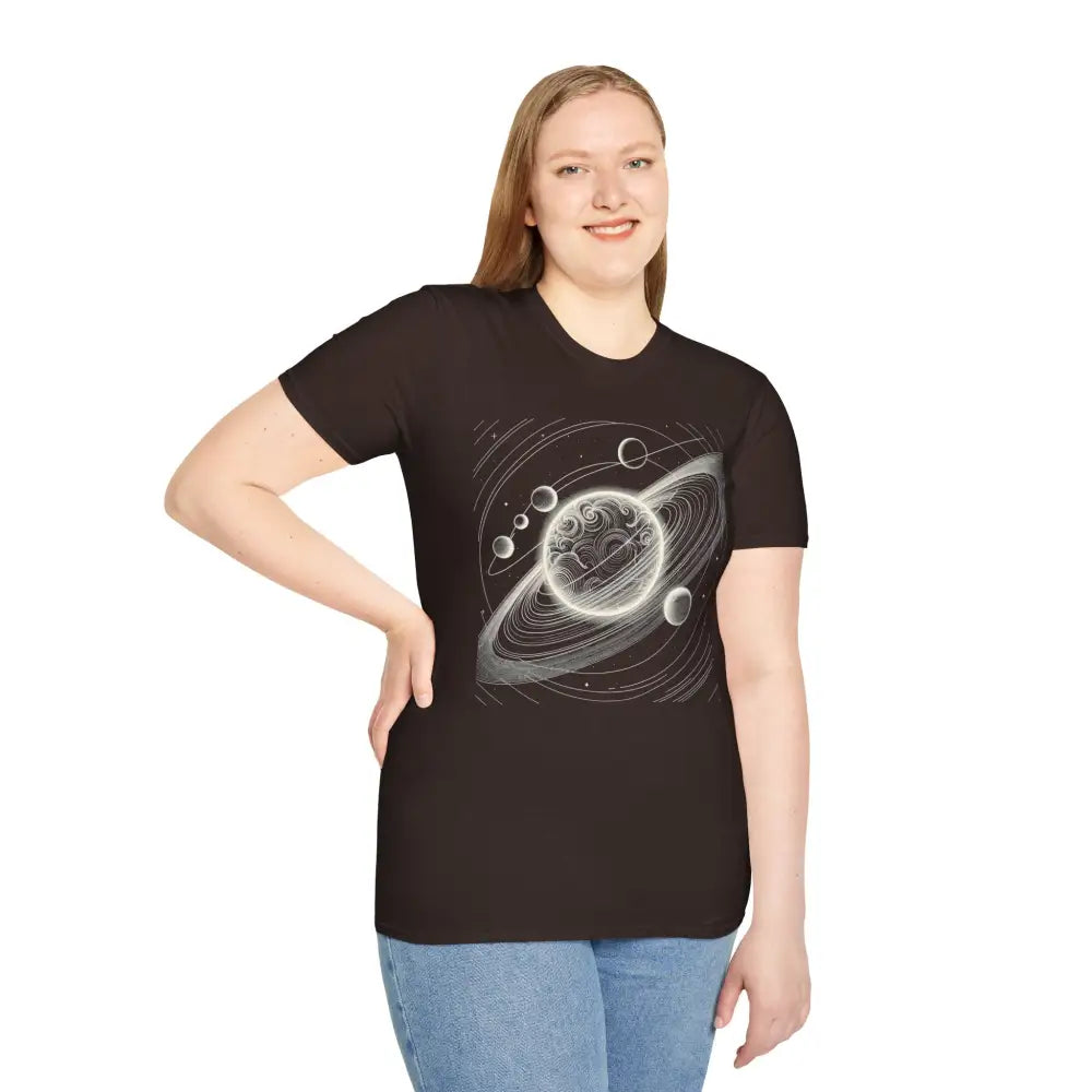 Woman wearing a black unisex softstyle t-shirt with a mesmerizing cosmic design and celestial graphic print