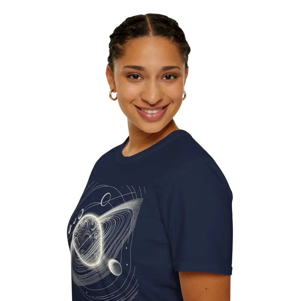 Woman wearing a dark blue unisex softstyle t-shirt with mesmerizing cosmic design and celestial graphic print