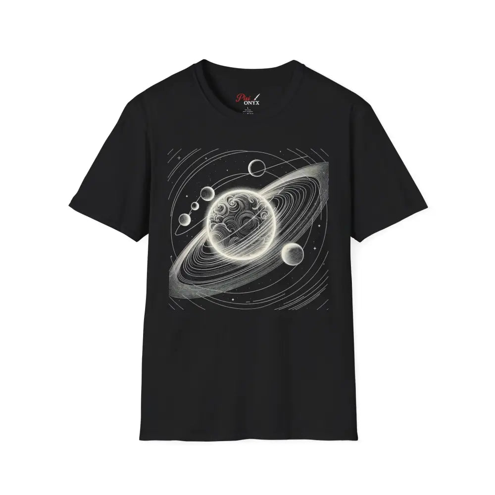 Black unisex softstyle t-shirt with mesmerizing cosmic design and celestial graphic