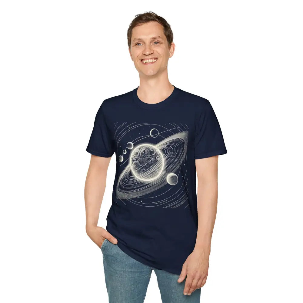 Man wearing navy blue unisex softstyle t-shirt with mesmerizing cosmic design and celestial graphics