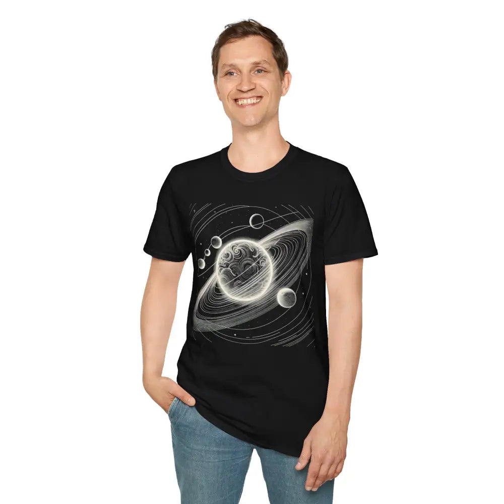Black unisex softstyle t-shirt with mesmerizing cosmic design of ringed planet and celestial bodies