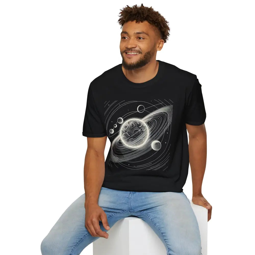 Man wearing a black unisex softstyle t-shirt with mesmerizing cosmic design and celestial graphic