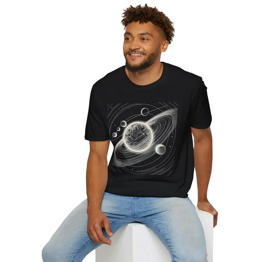 Man wearing a black unisex softstyle t-shirt with mesmerizing cosmic design and celestial graphic