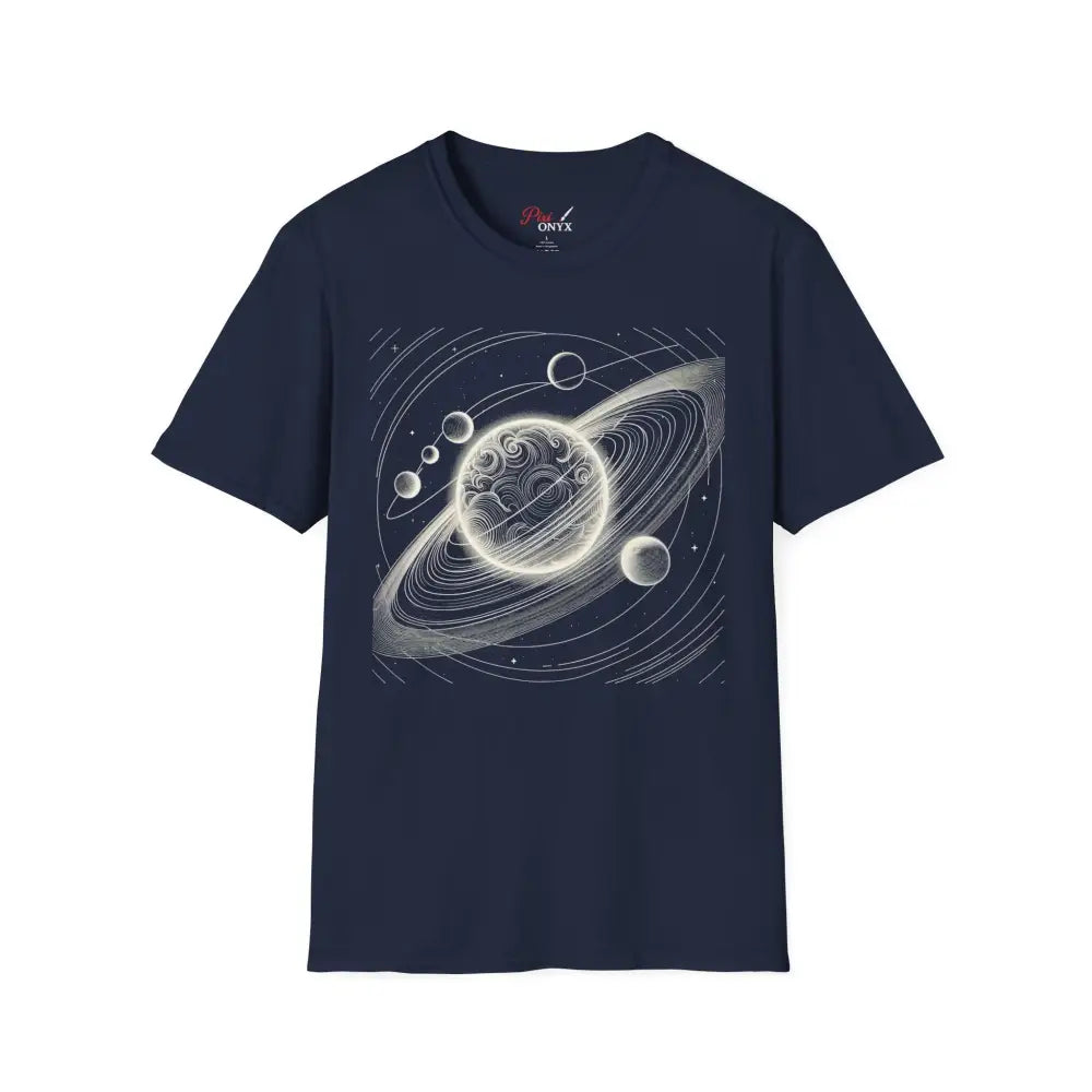 Dark blue unisex softstyle t-shirt with mesmerizing cosmic design and celestial graphic