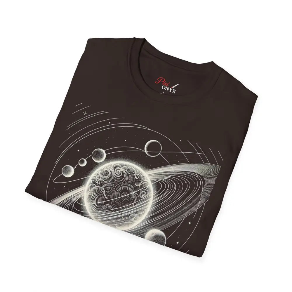 Dark gray unisex softstyle t-shirt with mesmerizing cosmic design and celestial graphic
