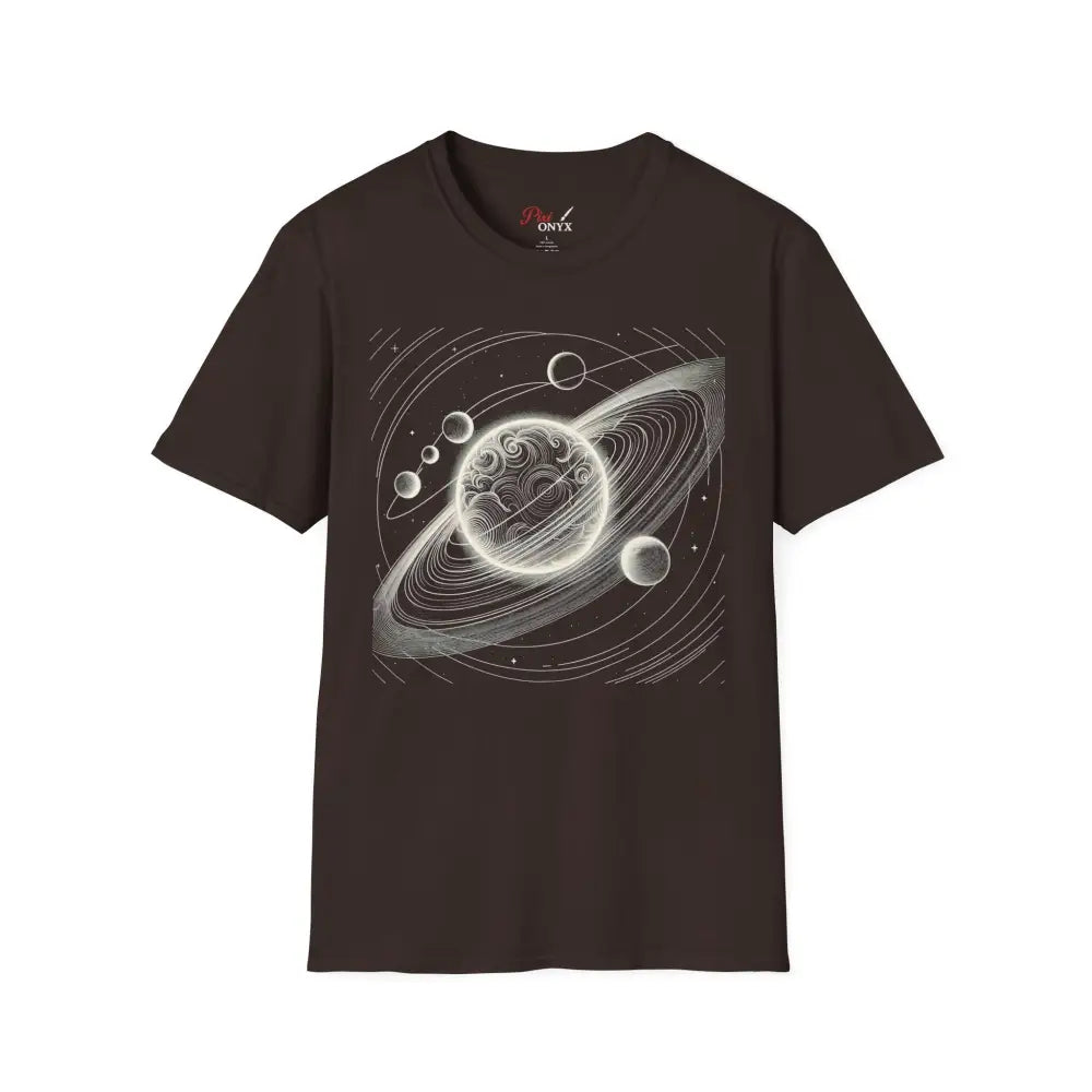 Dark brown unisex softstyle t-shirt with mesmerizing cosmic design of ringed planet and moons