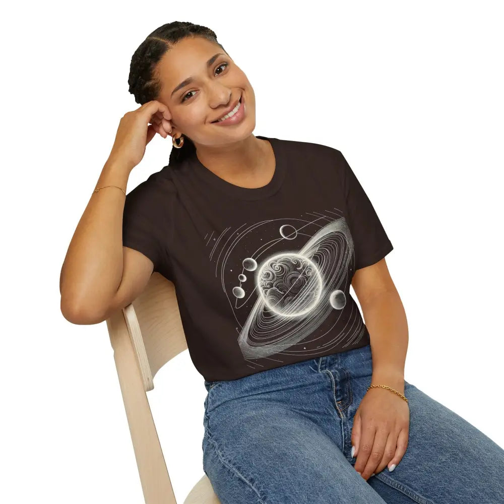 Woman wearing a black unisex softstyle t-shirt with mesmerizing cosmic design and celestial graphic print