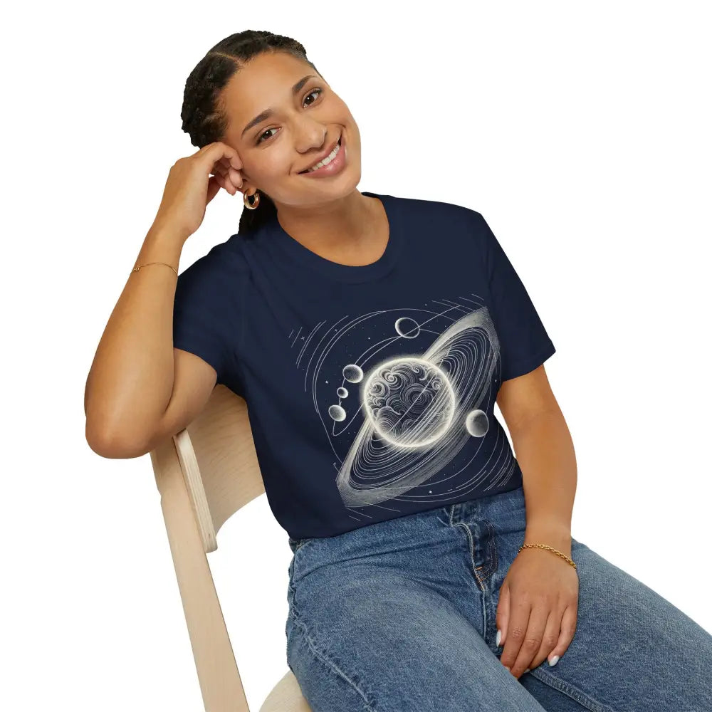 Woman in navy blue unisex softstyle t-shirt with mesmerizing cosmic design and celestial graphics