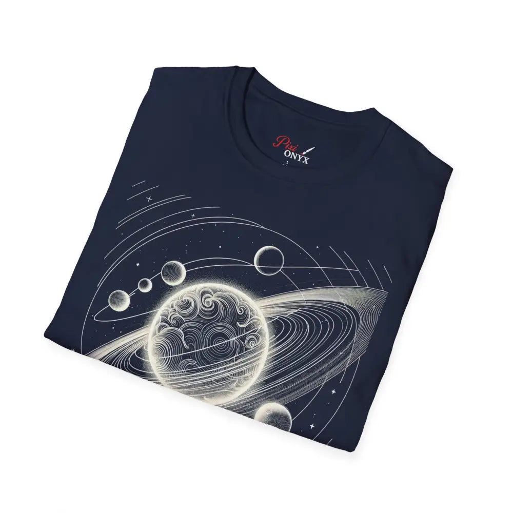 Dark blue unisex softstyle t-shirt with mesmerizing cosmic design and celestial graphic