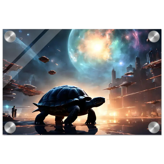 Futuristic turtle art featured on Cosmic Voyager Acrylic Print in Tranquil Expansion design