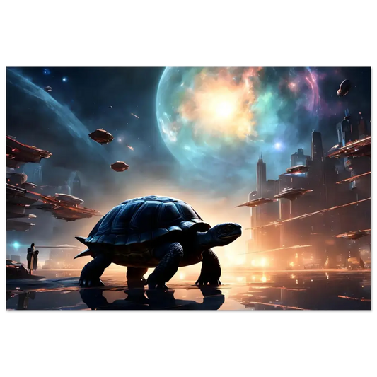 Giant turtle in a futuristic cityscape featured on Cosmic Voyager Aluminum Print Starport Drift