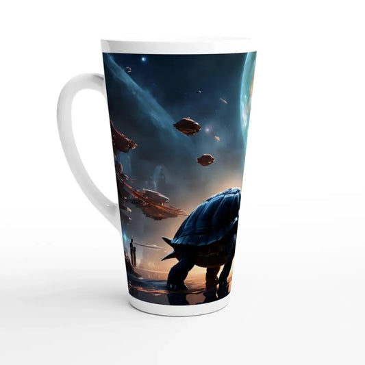 Latte mug with a futuristic turtle design from Cosmic Voyager Galactic Reflection PixiOnyx