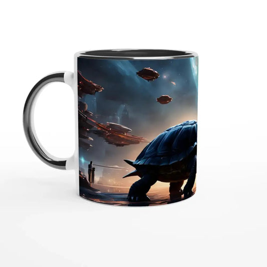 Ceramic mug with a futuristic turtle design from Cosmic Voyager Mug Starport Sip PixiOnyx