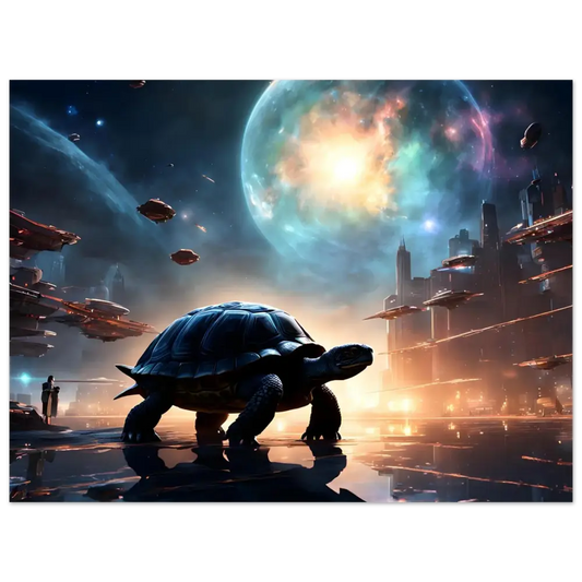 Futuristic turtle in a cityscape for Cosmic Voyager Poster PixiOnyx Fine Art Print