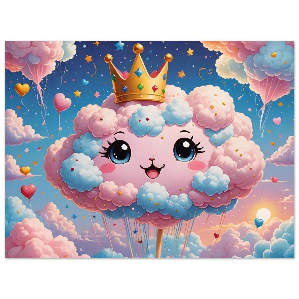 Cute cotton candy cloud with a crown on high gloss Kawaii print metal wall art