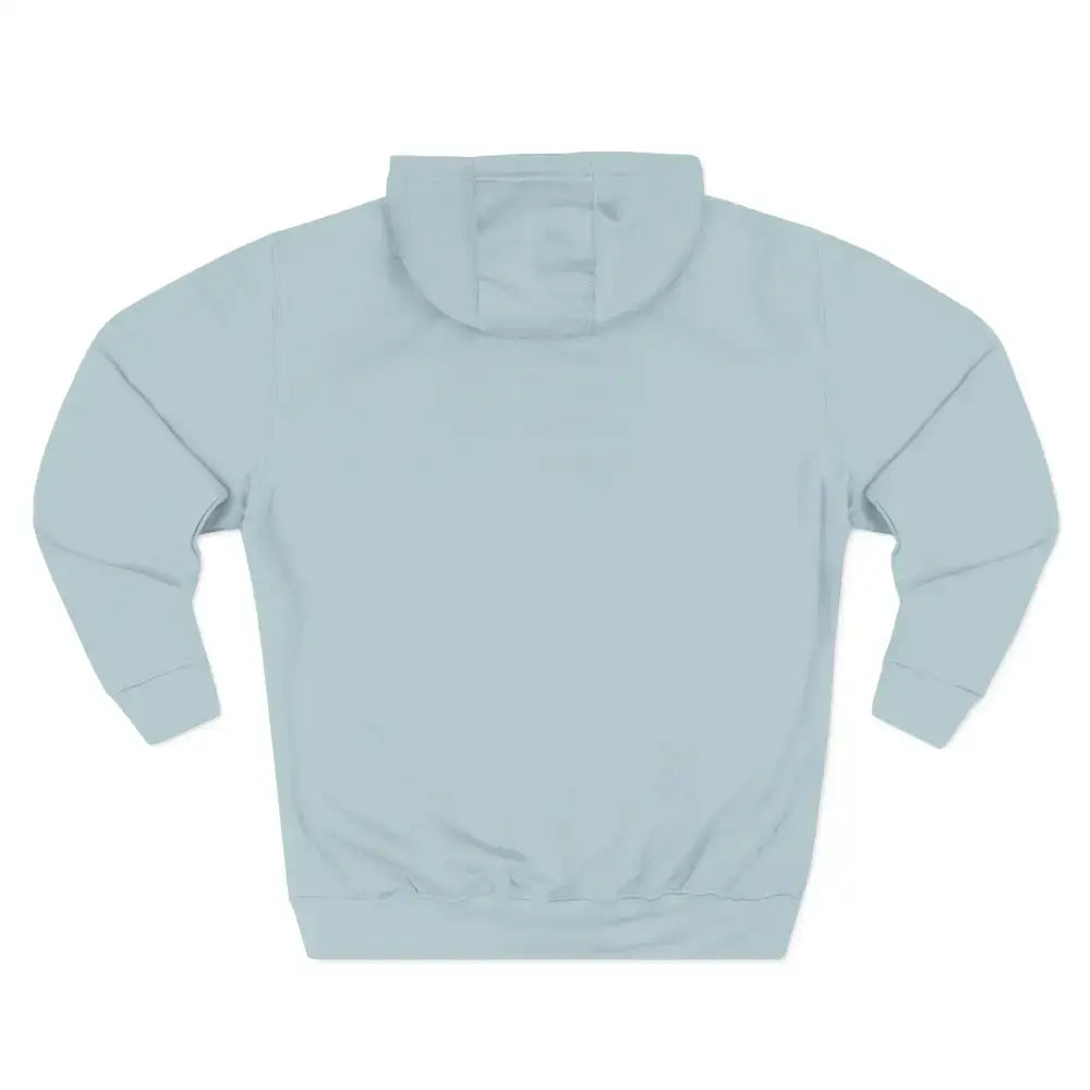 Light blue unisex hoodie with adjustable hood, long sleeves, and low heat care instructions