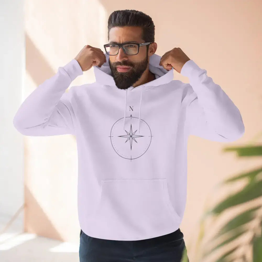 Men’s white graphic hoodie with compass design, adjustable hood, low heat care instructions