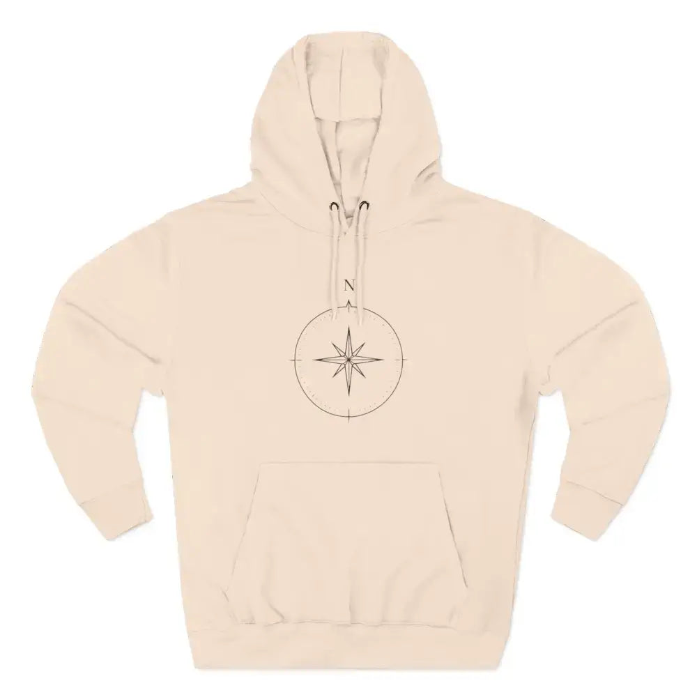 Light beige Cozy Compass Unisex Hoodie with compass rose design, adjustable hood, low heat fleece