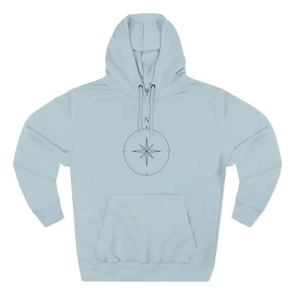 Light blue Cozy Compass Hoodie with adjustable hood, perfect for travel and casual wear