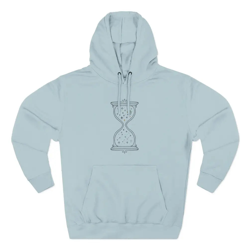 Light blue fleece hoodie with hourglass graphic, ideal for casual wear and easy care
