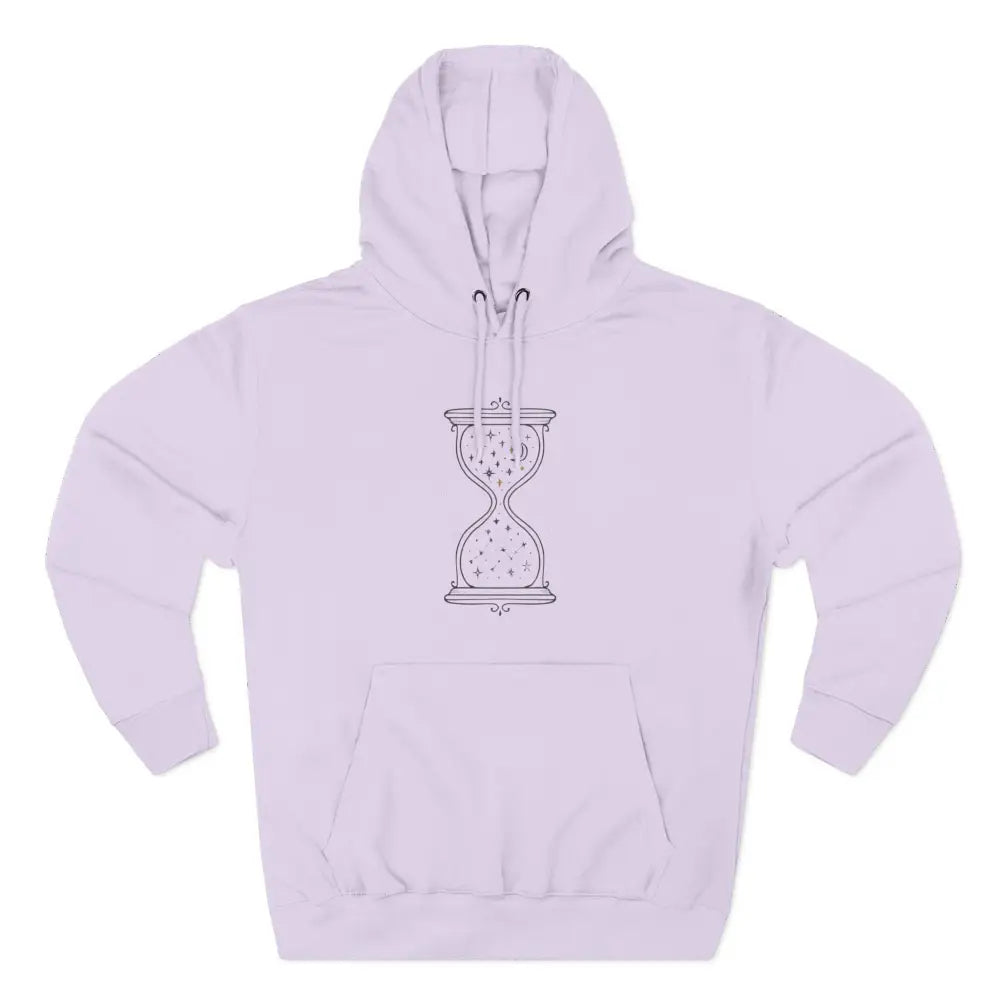 Light purple fleece hoodie with hourglass graphic, ideal for low heat care and casual wear