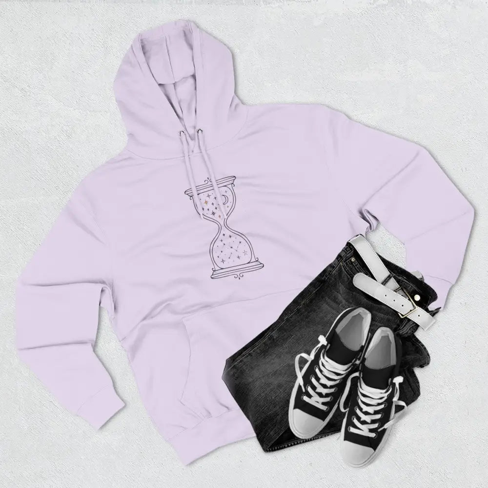Light purple fleece hoodie with hourglass design, perfect for all seasons and easy care