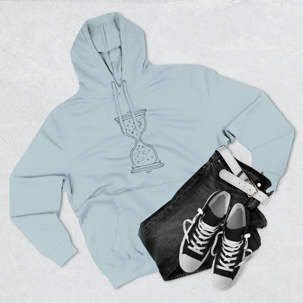 Light blue fleece hoodie with hourglass graphic, ideal for casual wear and easy care
