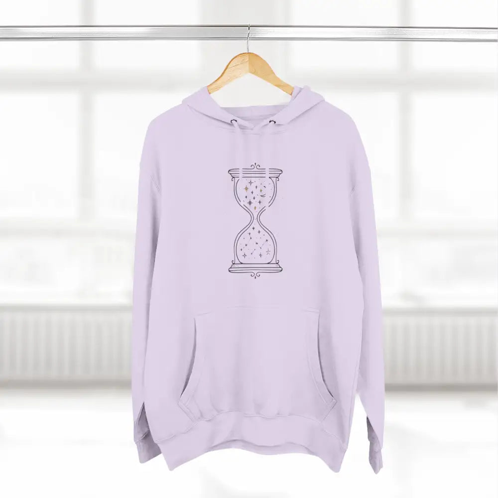 Light purple fleece hoodie with hourglass graphic, ideal for all seasons and easy care